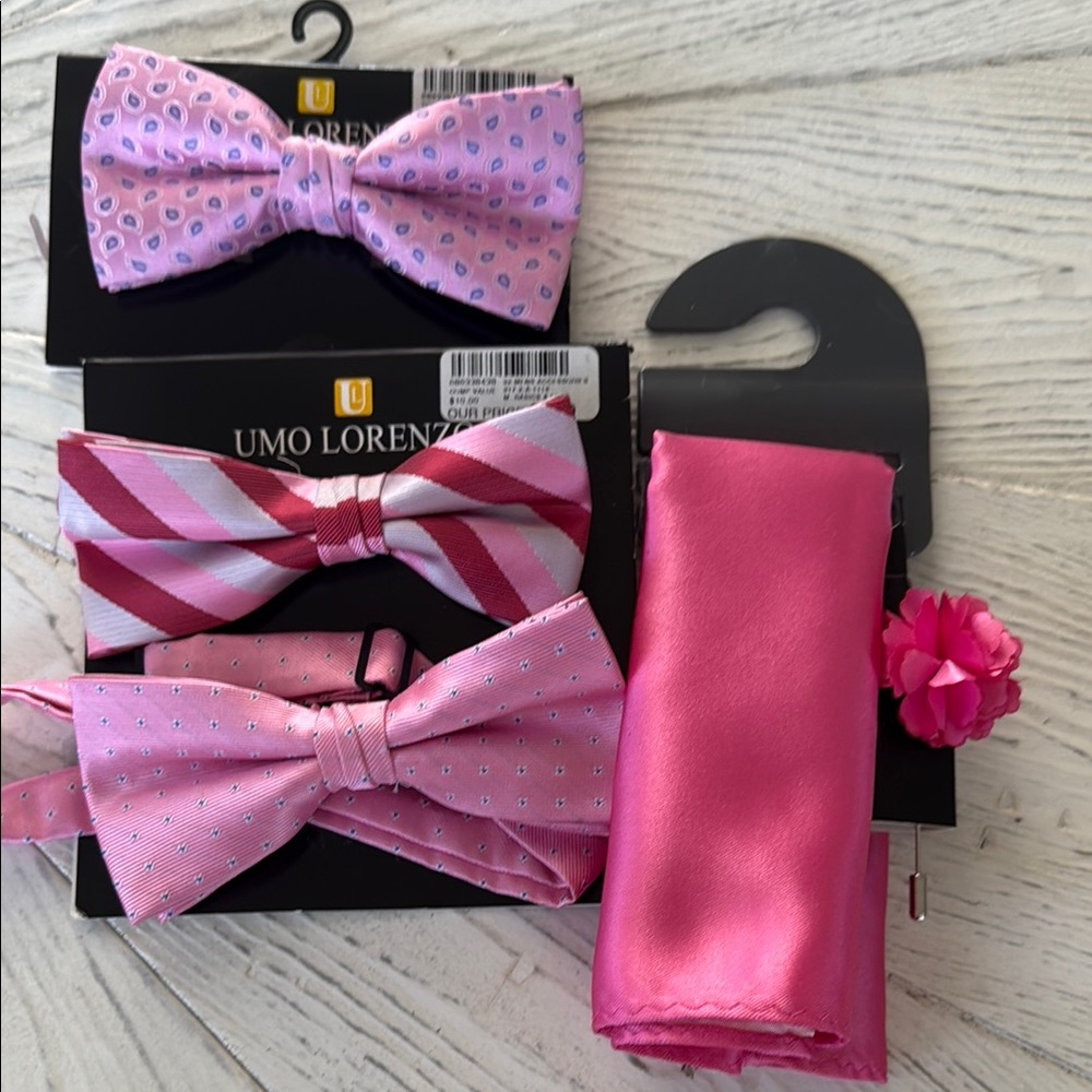 JF J.Ferrar Pink Bow Tie Bundle , Pocket Square & Lapel Pin Set